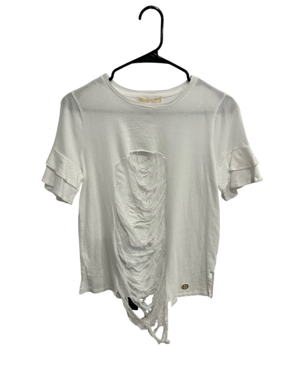 Michael Kors XS White Ruffled Sleeve Top Distressed Front Soft Girl Creativecore